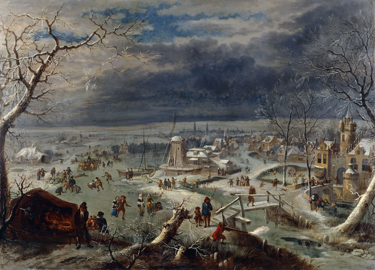 Et vinterlandskap med skatere på en frossen vannvei ved en landsby, en jeger i forgrunnen, Antwerp Beyond, av Jan the Elder Griffier