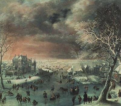 Et vinterlandskap med figurer på isen av Jan the Elder Griffier