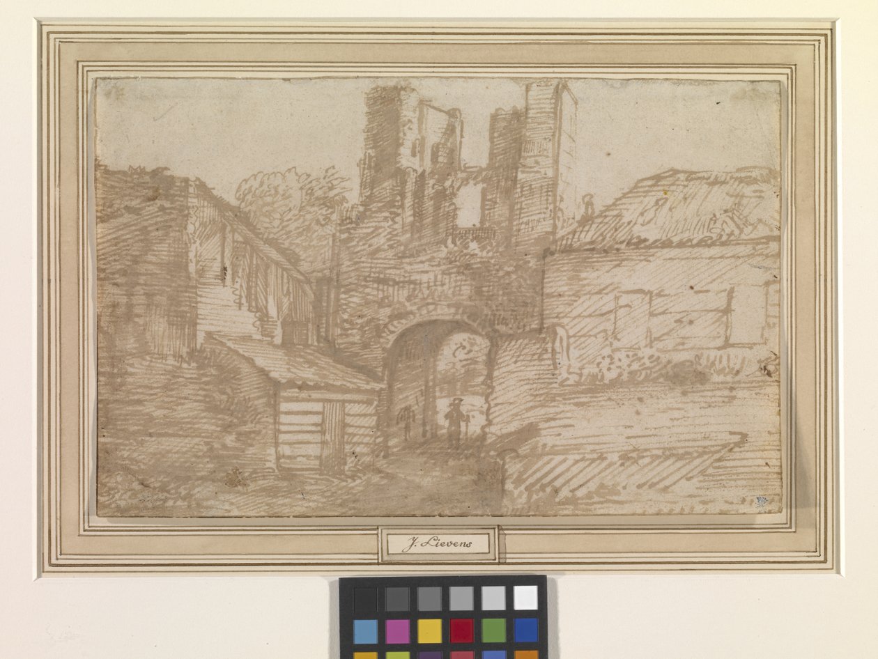 Den ytre porten til ruinene av Brederode slott (penn og brunt blekk på off-white lagt papir) av Jan the Elder Lievens