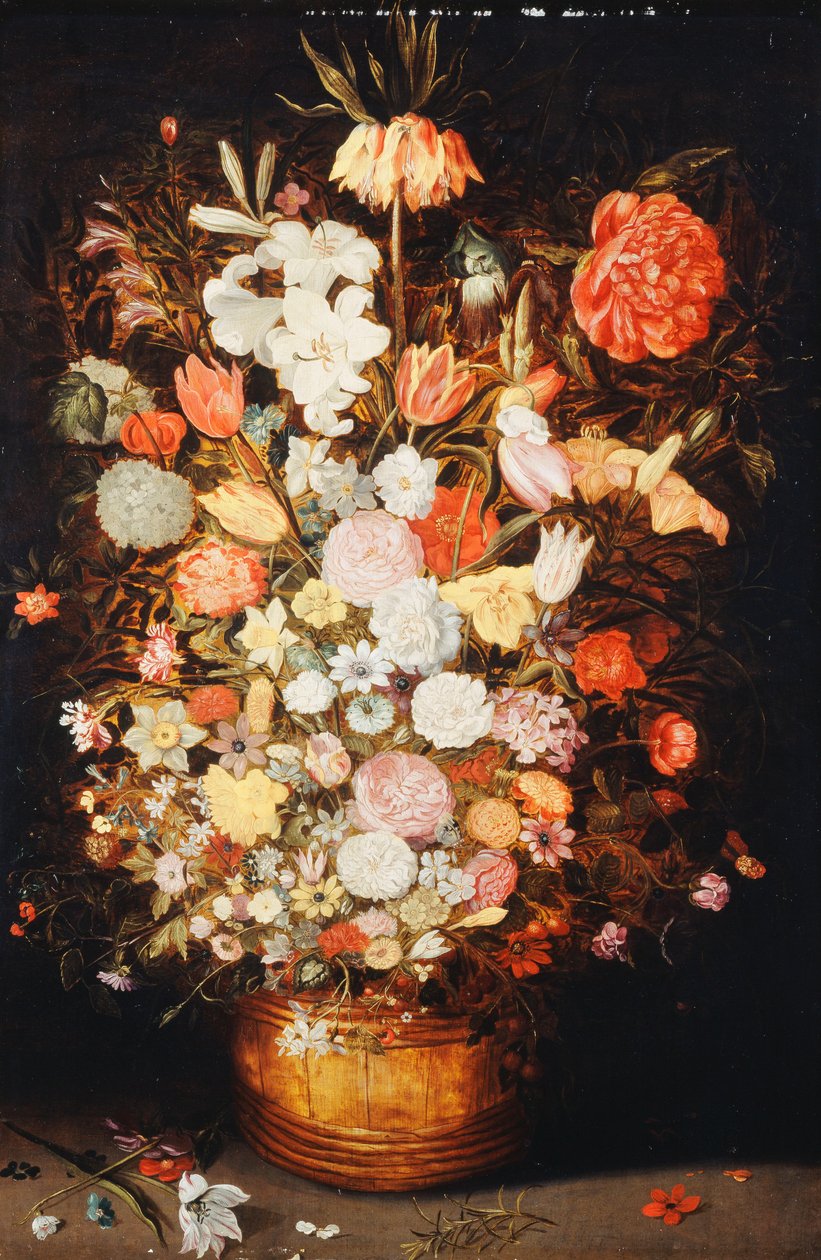 Et stilleben av blomster i en trebalje, ca. 1630-tallet av Jan Brueghel the Younger