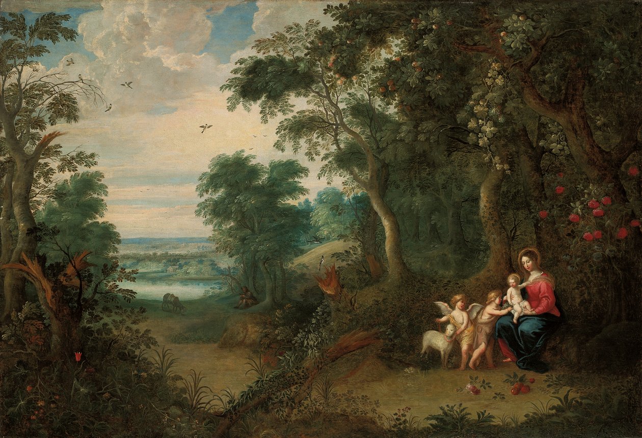 Et skogkledd landskap med jomfruen og barnet, spedbarnet St. Johannes døperen og en engel av Jan Brueghel the Younger