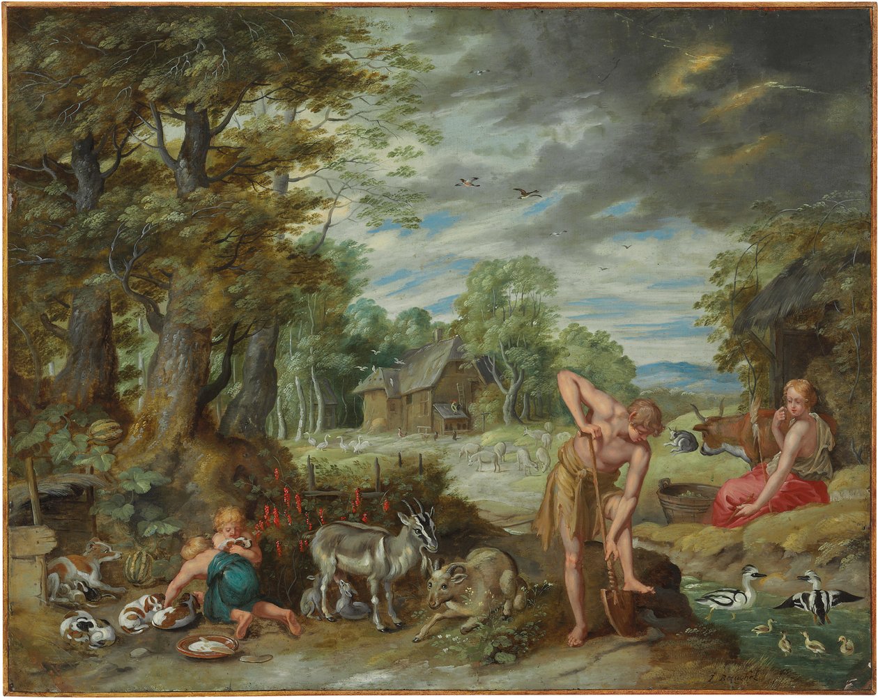 Adam på jobb i et felt, fra historien om Adam og Eva av Jan Brueghel the Younger