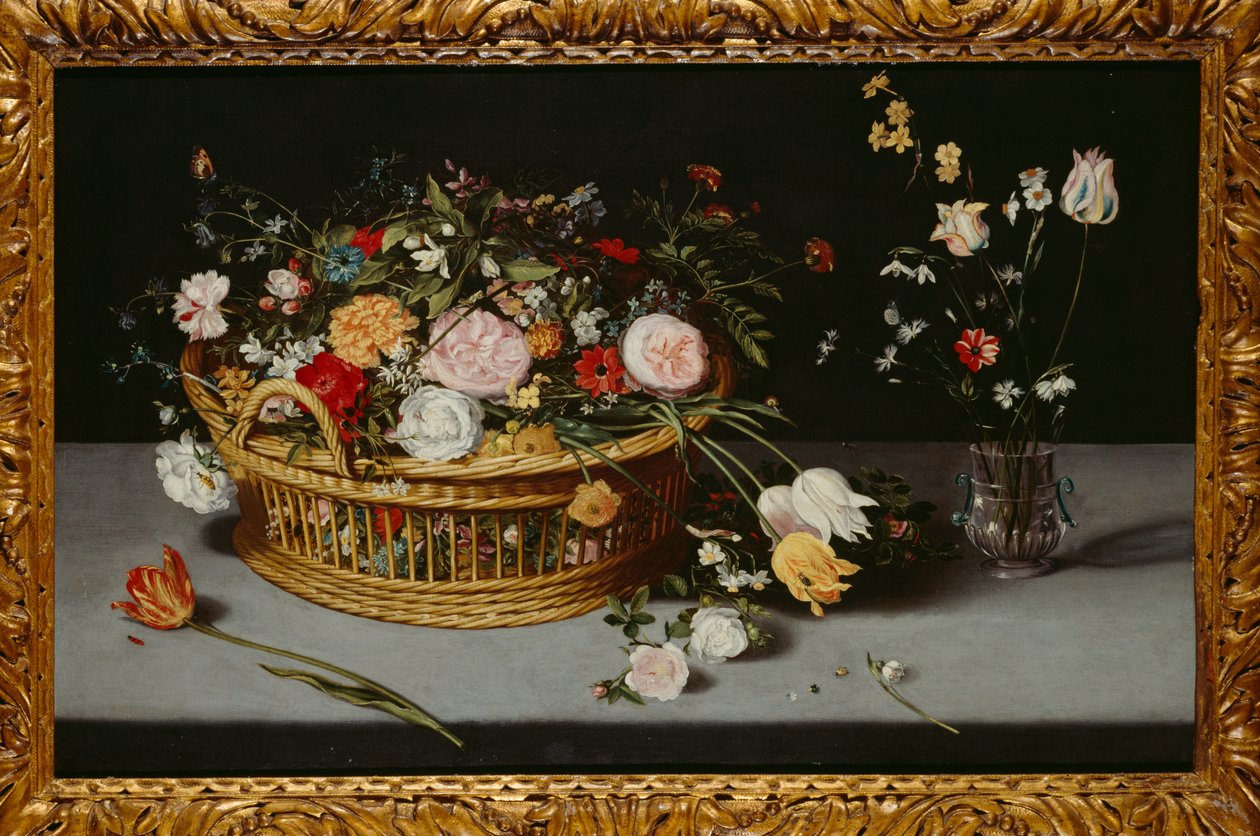 Stilleben med kurv og vase med blomster (olje på lerret) av Jan the Younger Brueghel