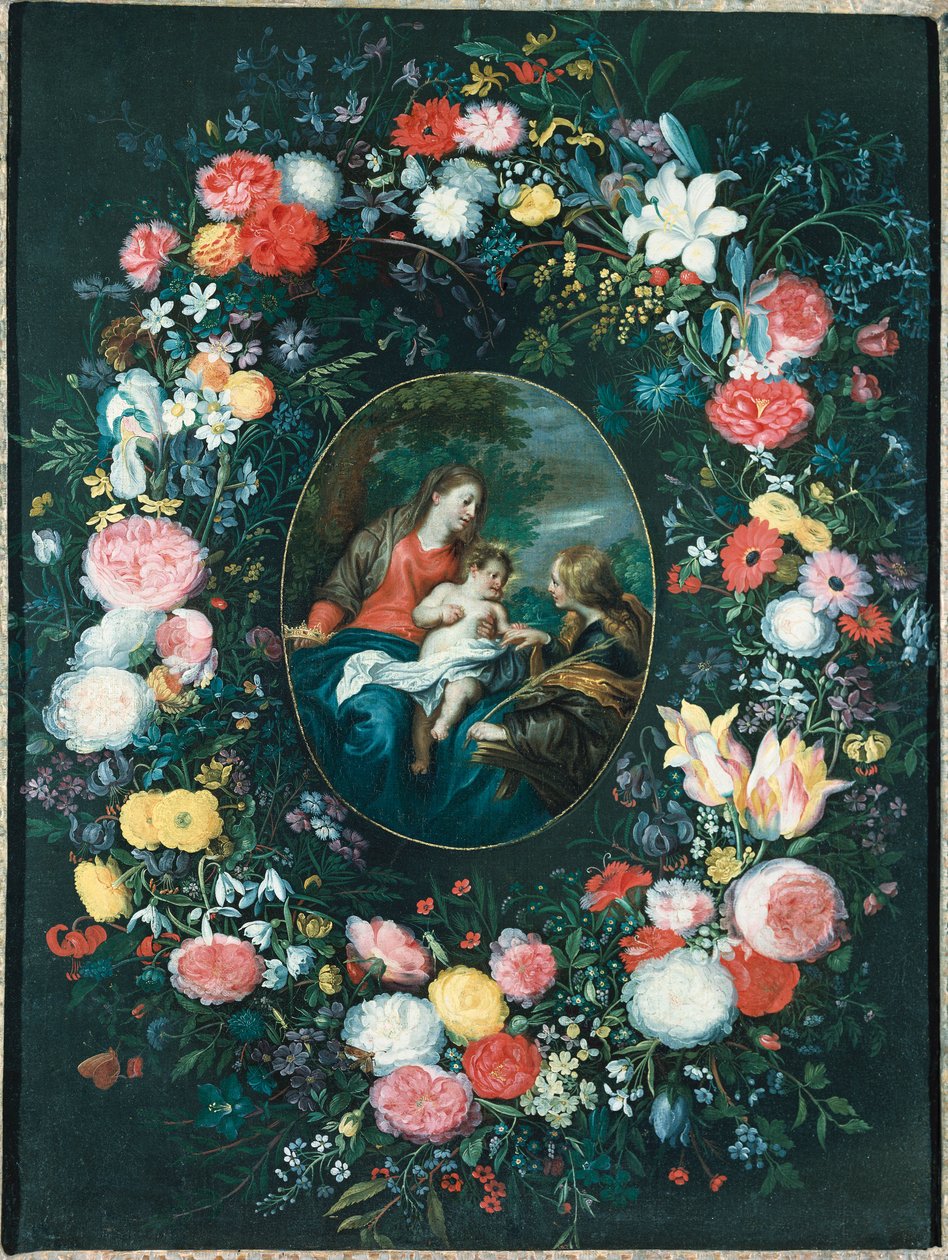 St. Catherines mystiske ekteskap i et landskap, omgitt av en blomsterkrans av Jan Brueghel the Younger