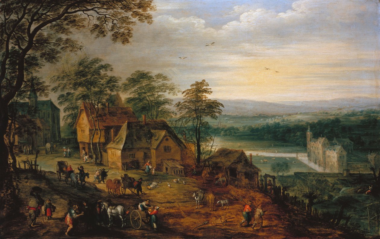 Landsbygate med figurer og vogner, et moated slott i bakgrunnen av Jan Brueghel the Younger