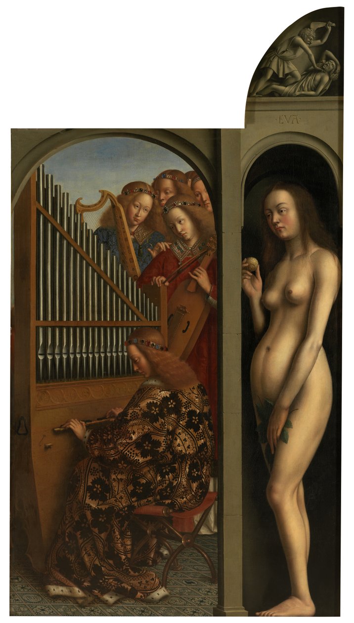 Musikkskapende engler og Eva (olje på lerret) av Jan van (after) Eyck