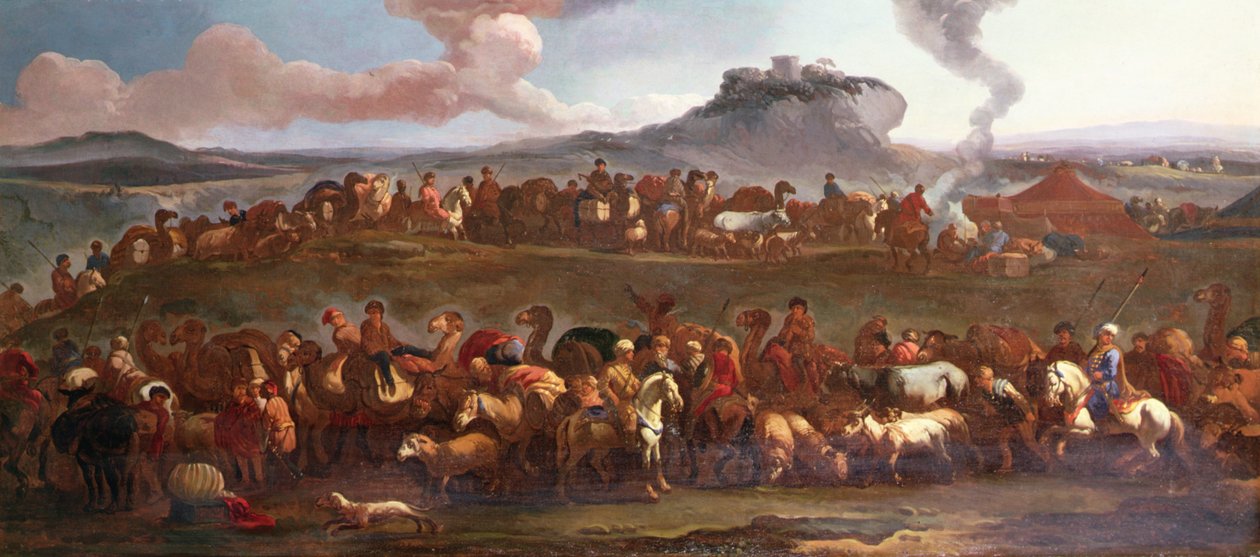 En tyrkisk campingvogn i et landskap (olje på lerret) av Jan van (attr. to) Huchtenburgh