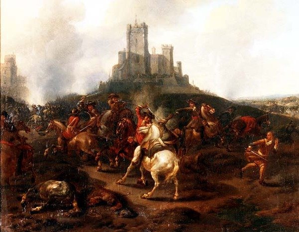 En kavaleri trefning foran en festning av Jan van (attr. to) Huchtenburgh