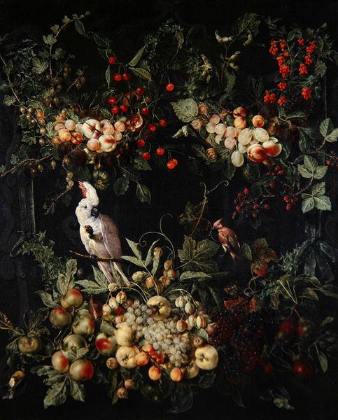 Bytter av frukt med blomster rundt en kartusj med en svovelkakadue (olje på lerret) av Jan van (attr. to) Kessel