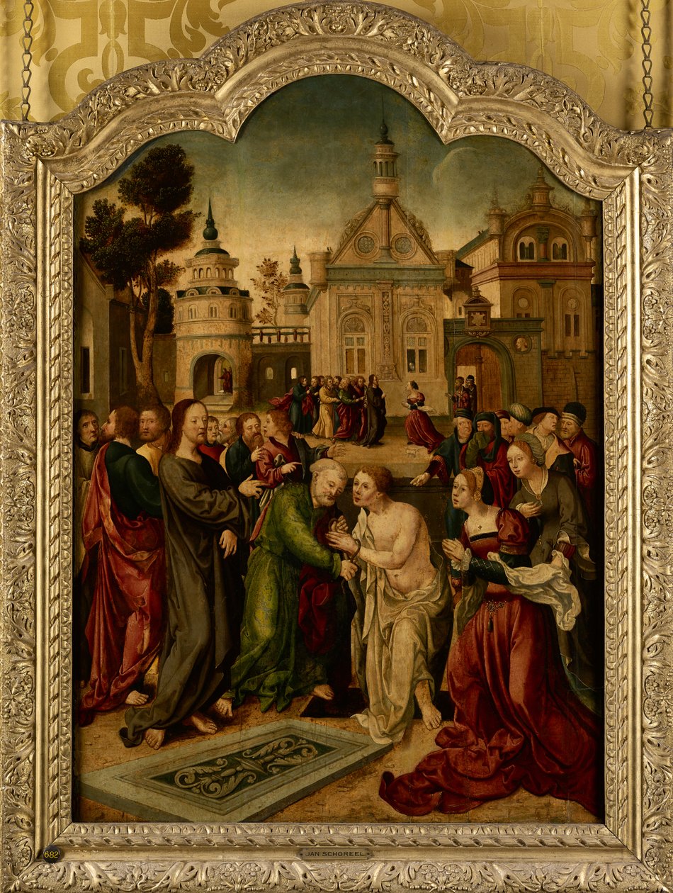 Oppreisningen av Lasarus, midtpanelet til en altertavle av Jan van (circle of) Scorel