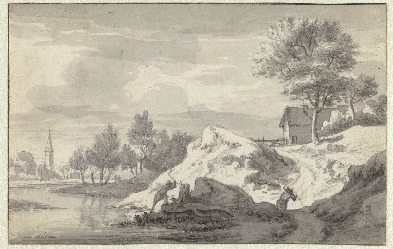 Landskap med figurer som hogger ved på bredden av en elv av Jan van Aken