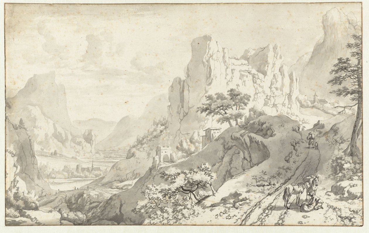 Fjelllandskap med reisende på en vei av Jan van Aken
