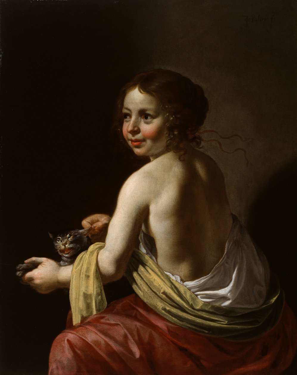 Jente som erter en katt, ca. 1630 (olje på panel) av Jan van Bijlert or Bylert