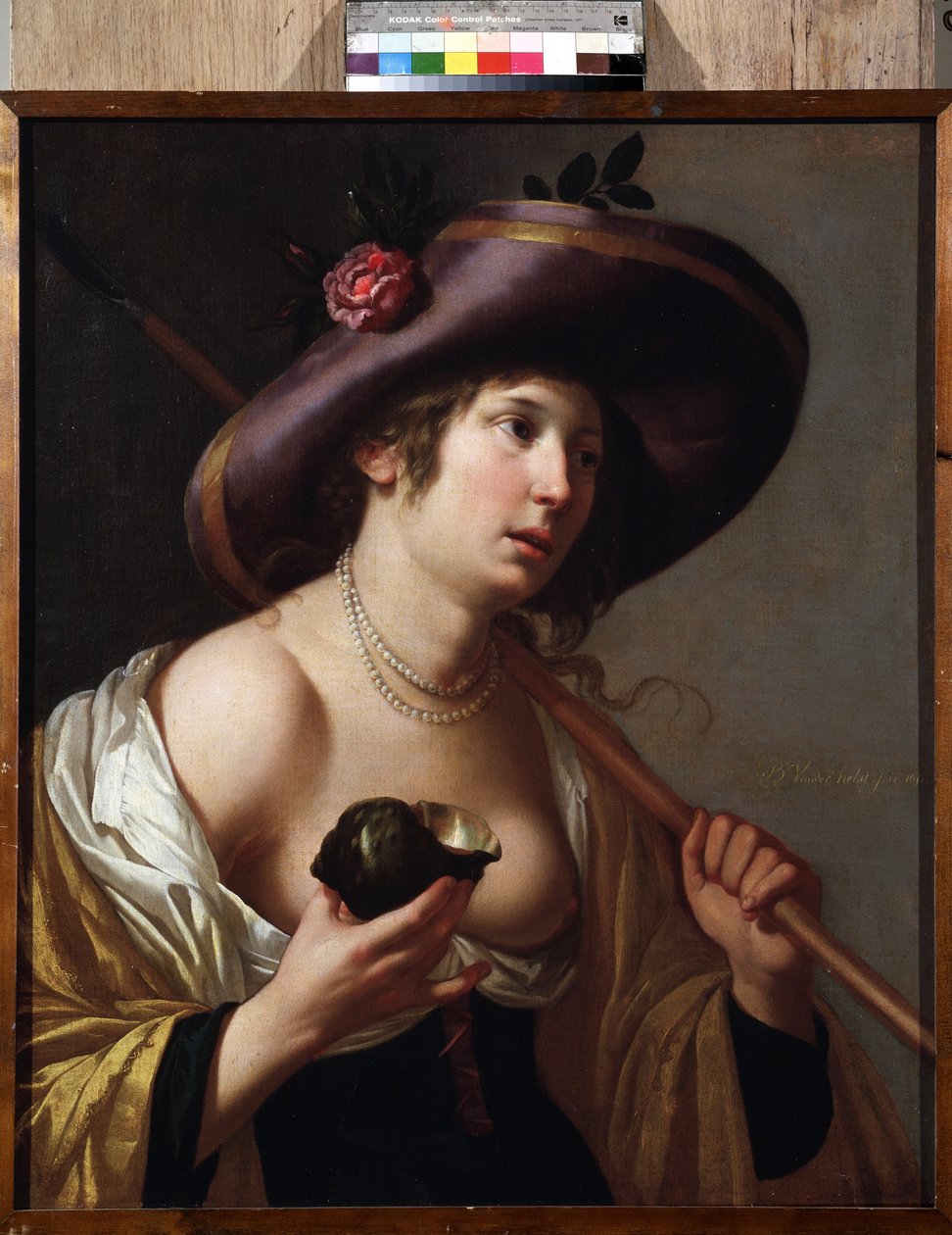 ""Portrett av Granida"" Karakteren til Granida som holder et skall som hun bruker til å drikke vannet som gjeteren Daifilo gir henne. Basert på stykket ""Granida"" av Pieter Corneliszoon Hooft. Maleri av Jan van Bylert (1598-1671) Samlingsmuseet av Jan van Bijlert or Bylert