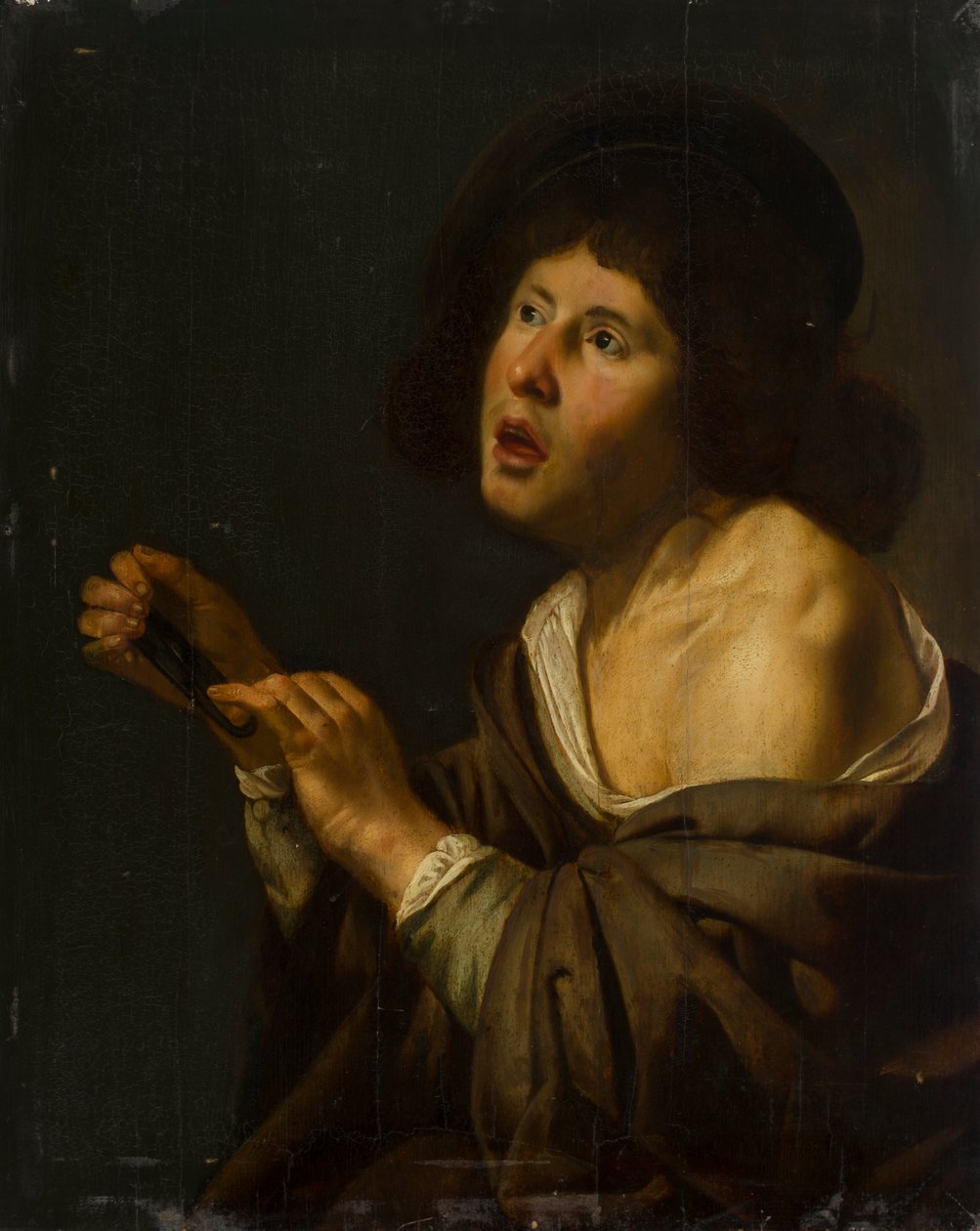 Portrett av en gutt med et instrument (olje på panel lagt på bord) av Jan van Bijlert or Bylert