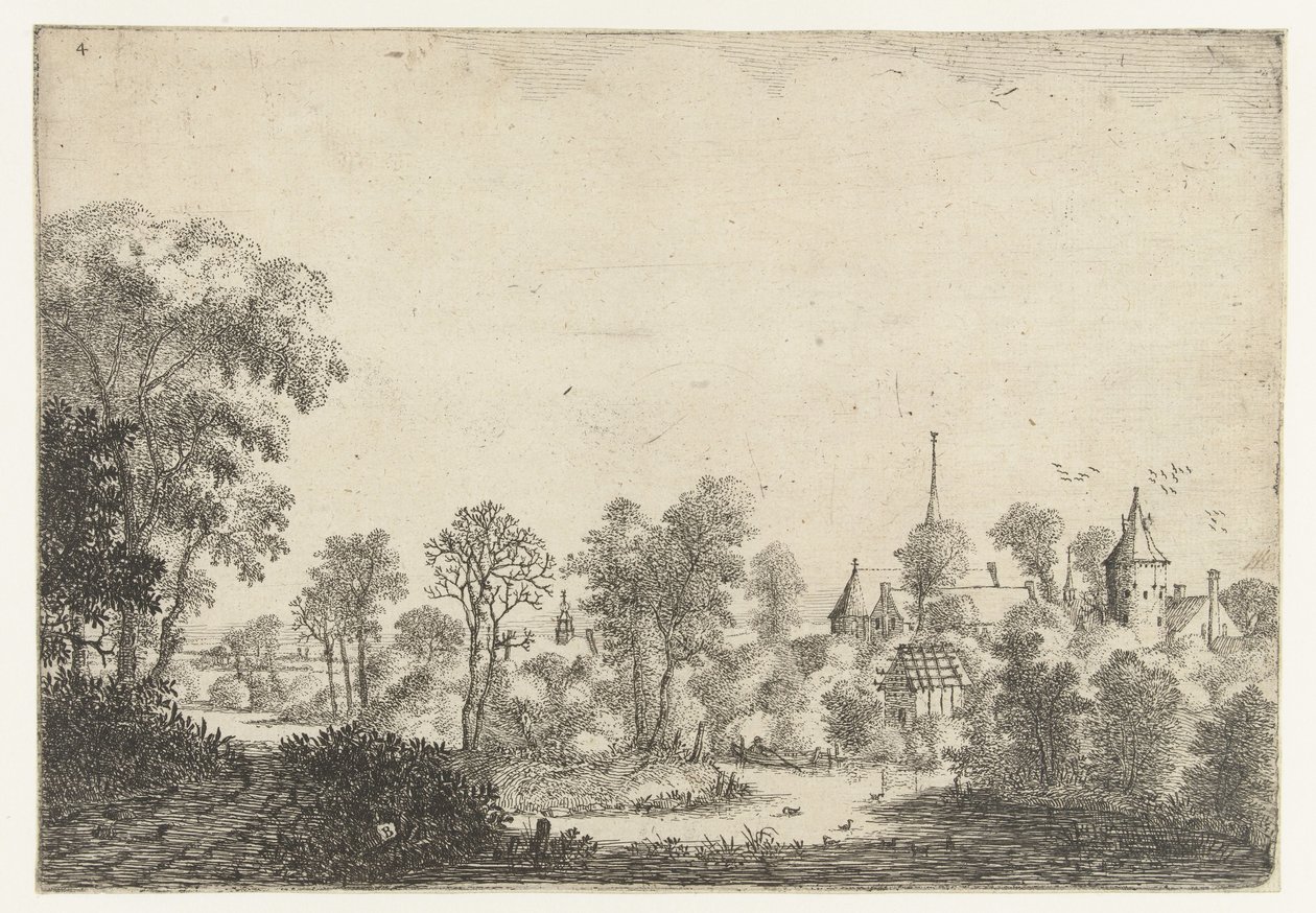 Landskap med utsikt over landsby og mann i båt Landskap (serietittel) av Jan van Brosterhuyzen