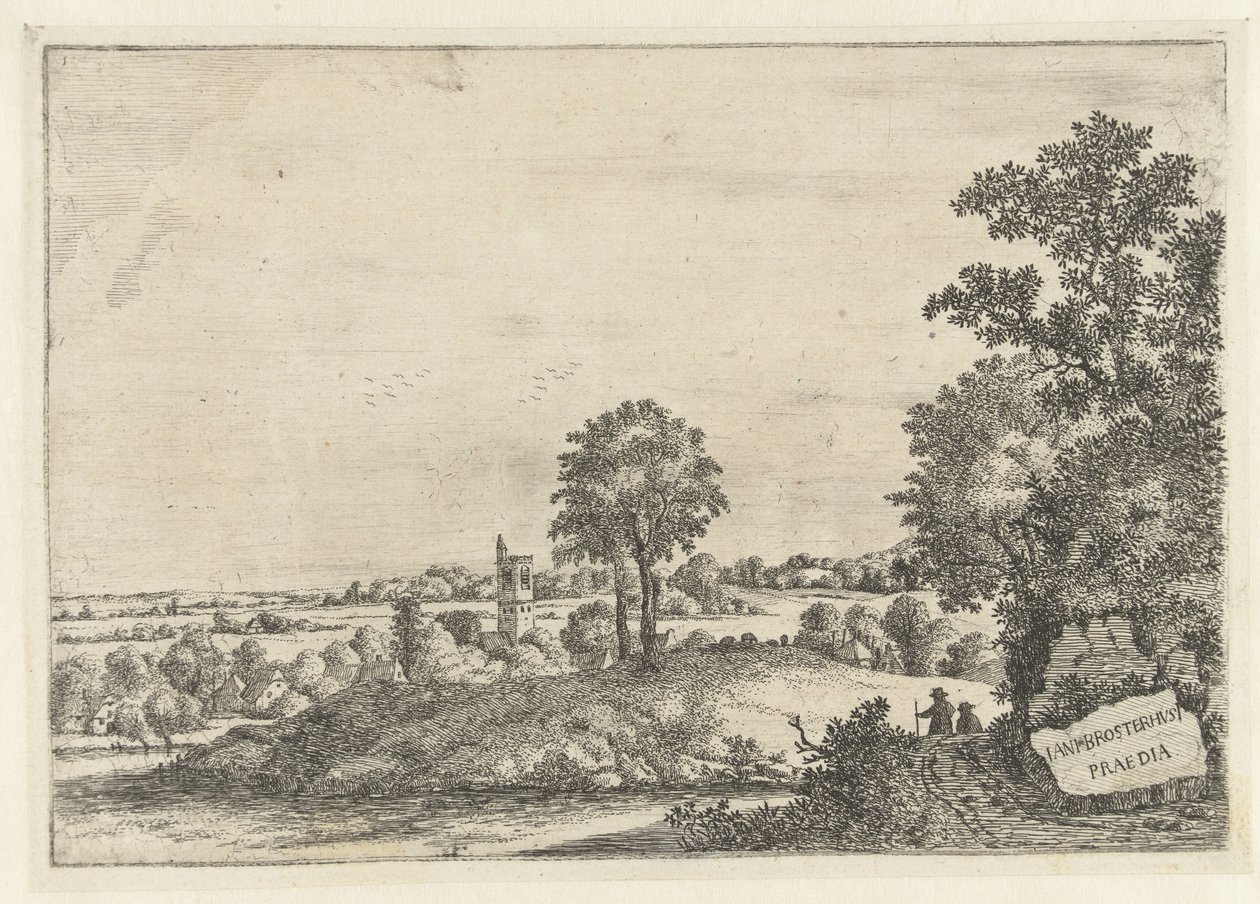 Landskap med to menn på en grusvei og utsikt over en landsby Landskap (serietittel) av Jan van Brosterhuyzen