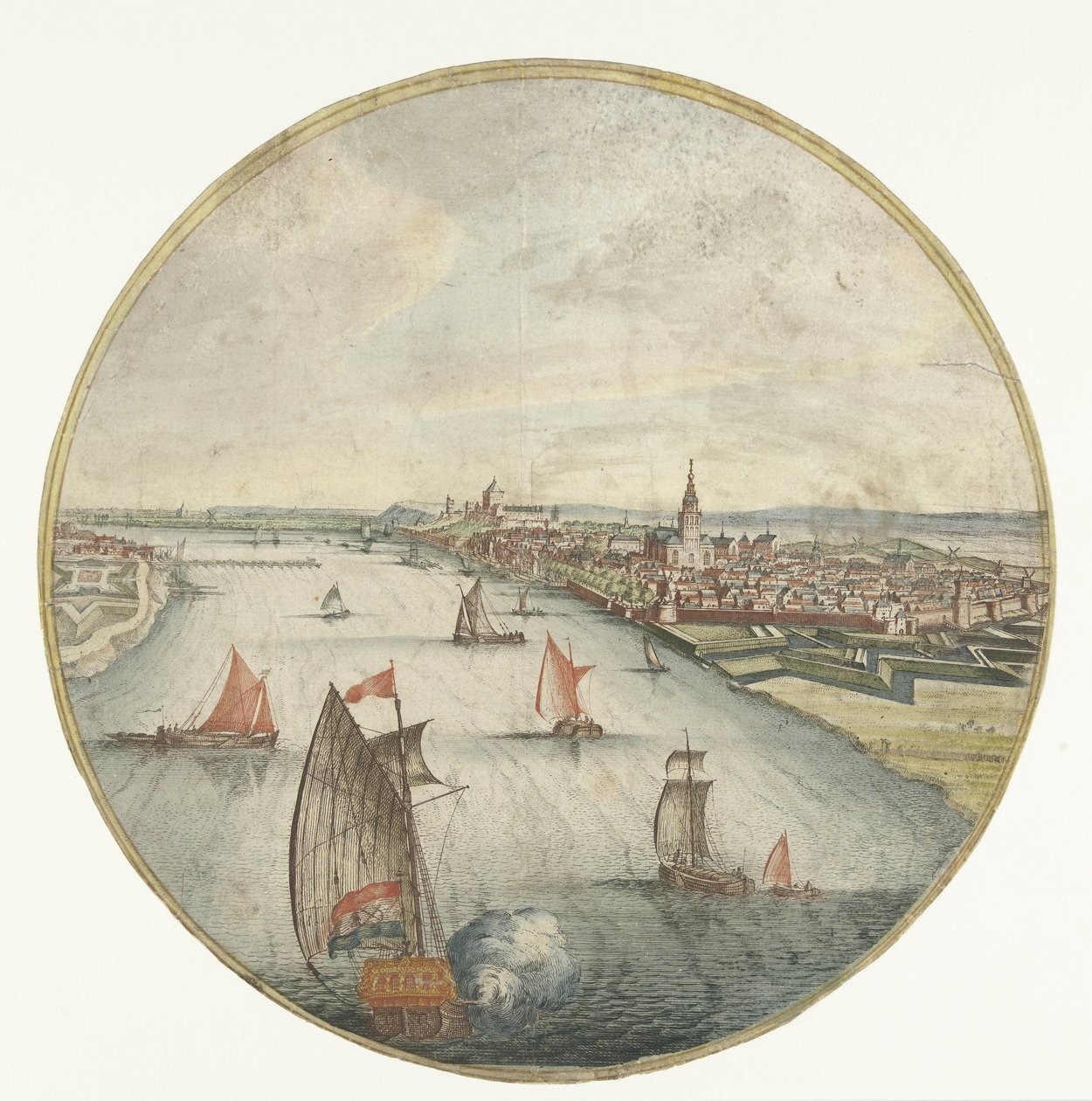 Utsikt over Nijmegen med Waal og Valkhofburcht av Jan van Call (I) (attributed to)
