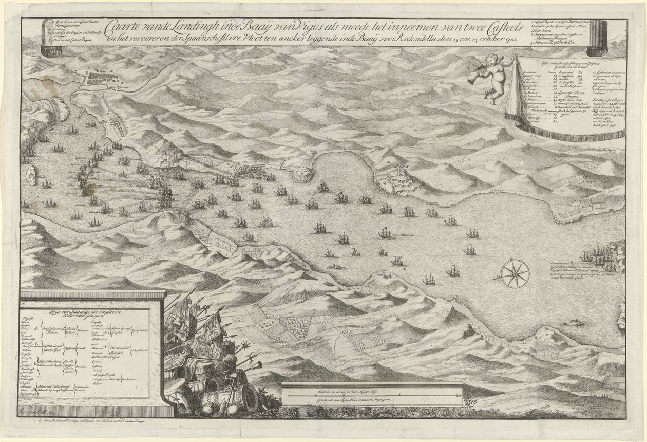Slaget ved bukten ved Vigo og fangsten av den spanske sølvflåten, 1702 Caarte vande Landingh i Vigos-bukten som en del av fangsten av to Casteels og fangsten av den spanske sølvflåten som ankrer i Baay for Redondella hi av Jan van Call (I)