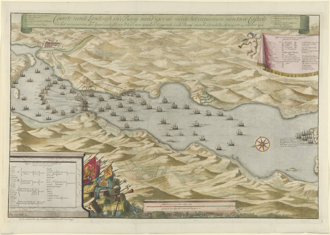 Slaget ved bukten ved Vigo og fangsten av den spanske sølvflåten, 1702 Caarte vande Landingh i Vigos-bukten som en del av fangsten av to Casteels og fangsten av den spanske sølvflåten som ankrer i Baay for Redondella hi av Jan van Call (I)