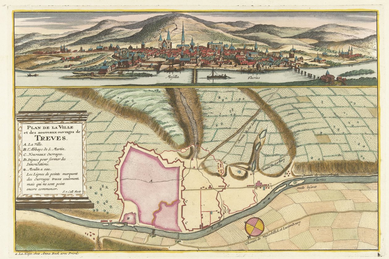 Kart over Trier, 1704 Plan de la Ville et: Chateau: de Traarbach (tittel på objekt) av Jan van Call (II)