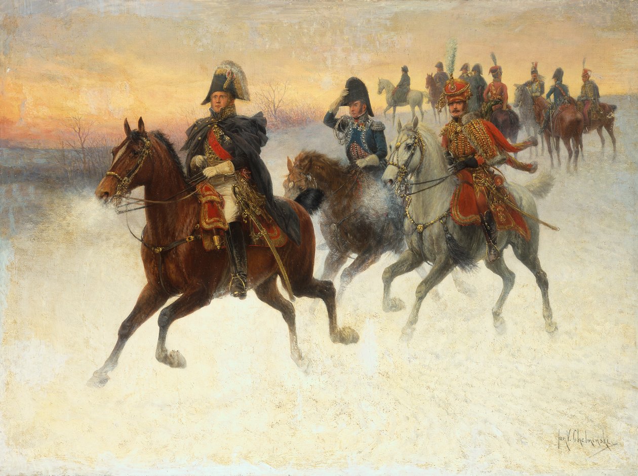 Marshal Ney og Napoleon og deres tropper under den russiske kampanjen (olje på lerret) av Jan van Chelminski