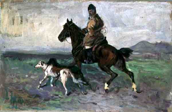 Rytter med Greyhounds, ca. 1890 (olje om bord) av Jan van Chelminski