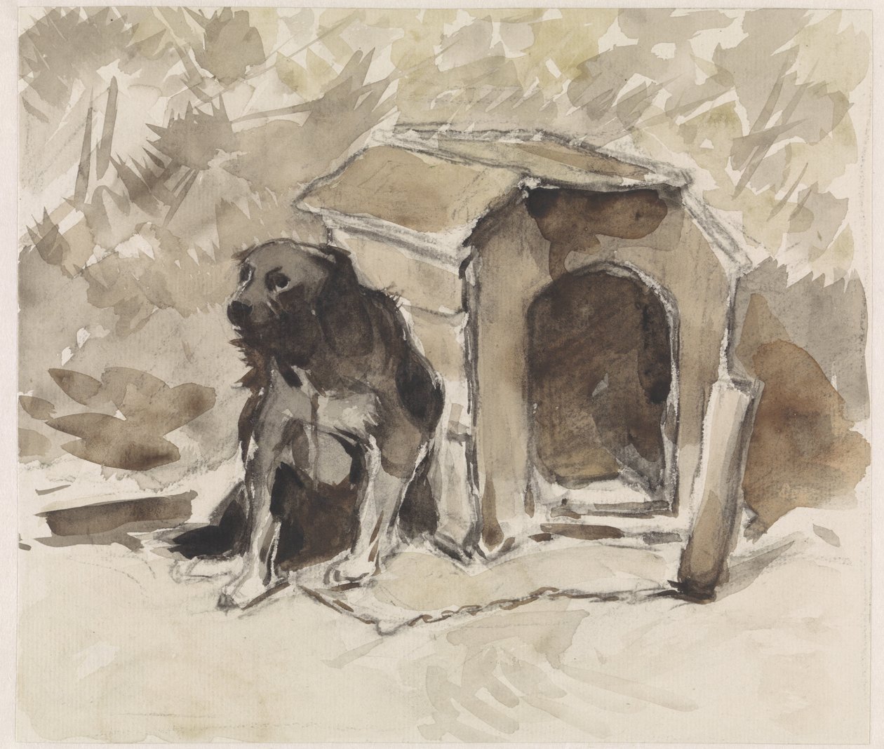 Hund som sitter i bånd foran kennelen sin av Jan van Essen