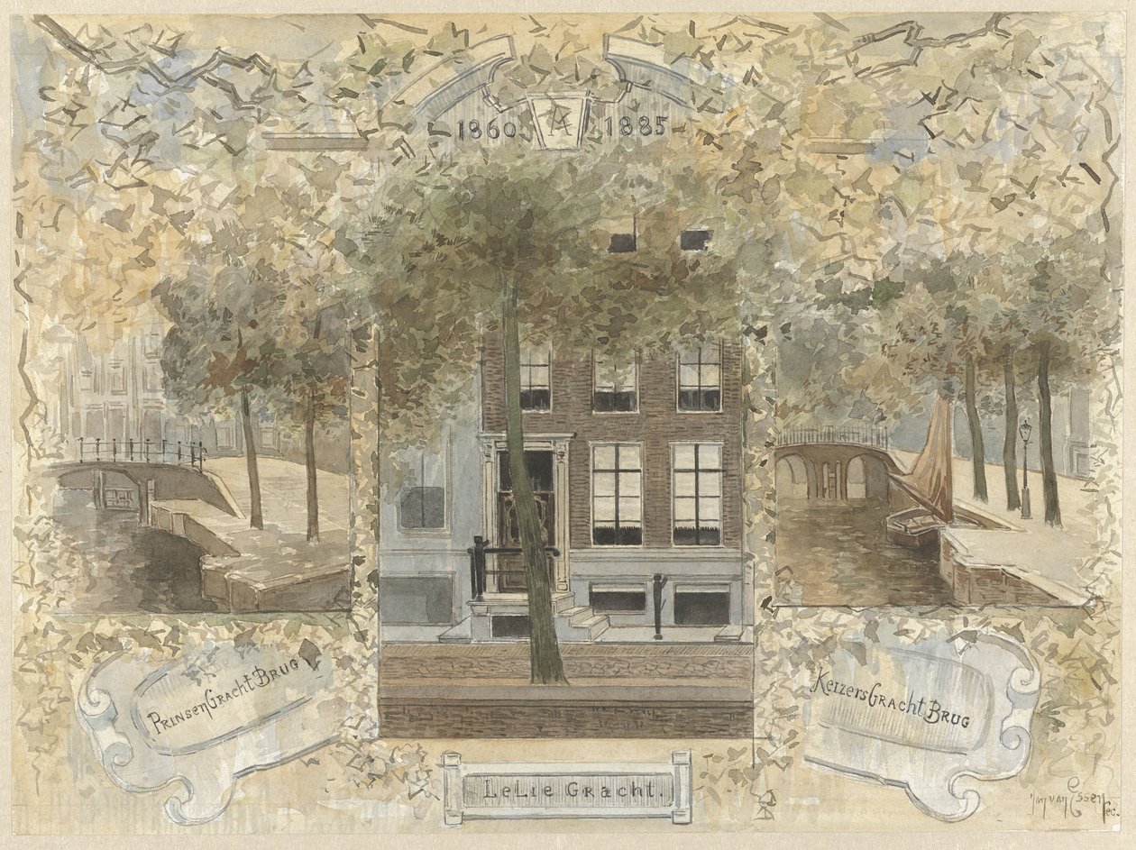 Hus på Leliegracht, flankert av broene over Prinsengracht og Keizersgracht av Jan van Essen