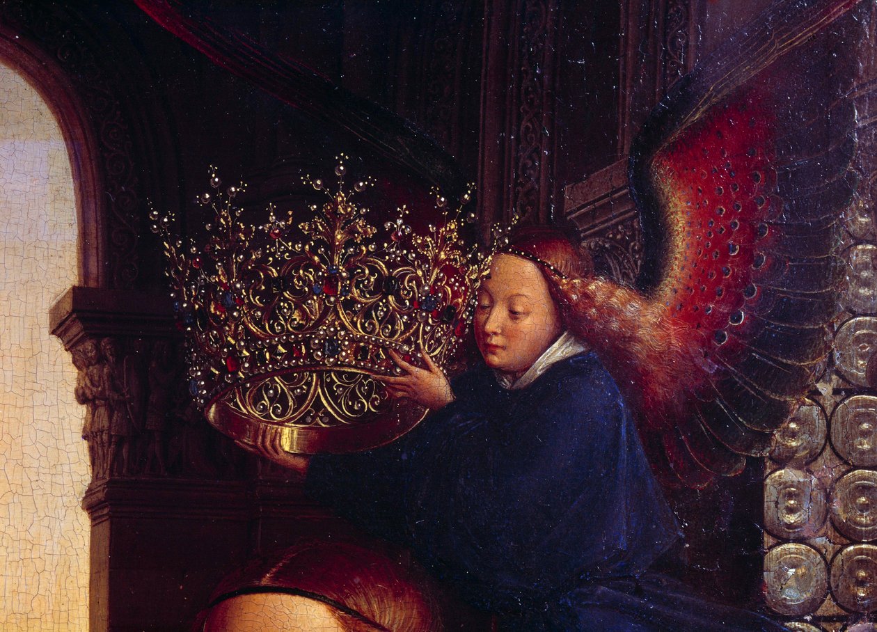 En engel som kroner jomfruen. Detalj av "" Jomfruen til kansler Rolin""" Nicolas Rolin (1376-1461) var kansler i Burgund under Philippe Le Bon og grunnlegger av Hospices de Beaune i 1443. Maleri av Jan van Eyck (1390-1441) av Jan van Eyck