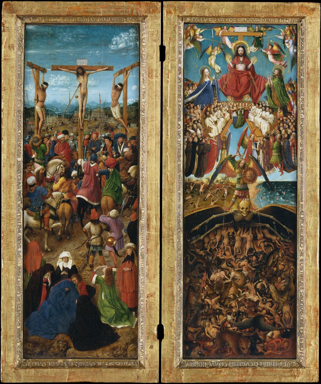 Korsfestelsen; The Last Judgment, ca. 1440-41 (olje på lerret overført fra tre) av Jan van Eyck