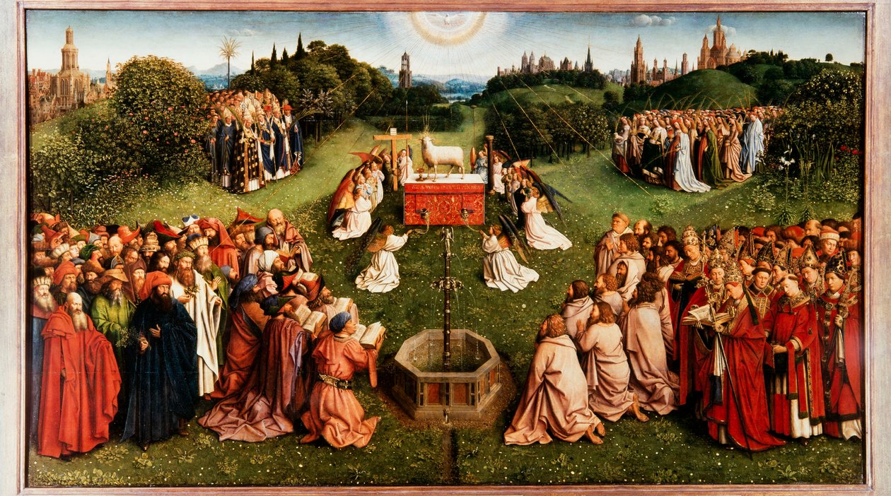 Gent-altertavlen. Tilbedelse av det mystiske lam, 1432. av Jan van Eyck