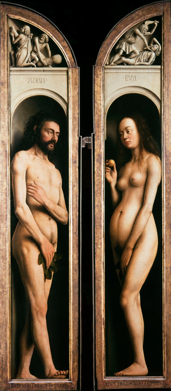 Gent-altertavlen. Tilbedelse av det mystiske lam: Adam og Eva, 1432. av Jan van Eyck