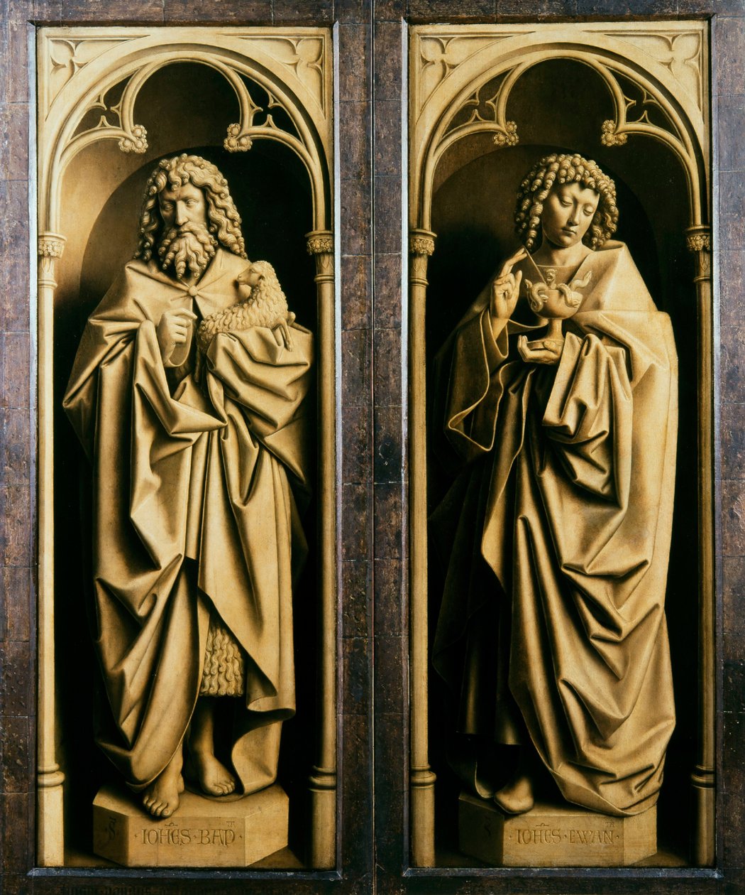 Ghent-altertavlen. Tilbedelse av det mystiske lam: døperen Johannes og evangelisten Johannes, 1432. av Jan van Eyck