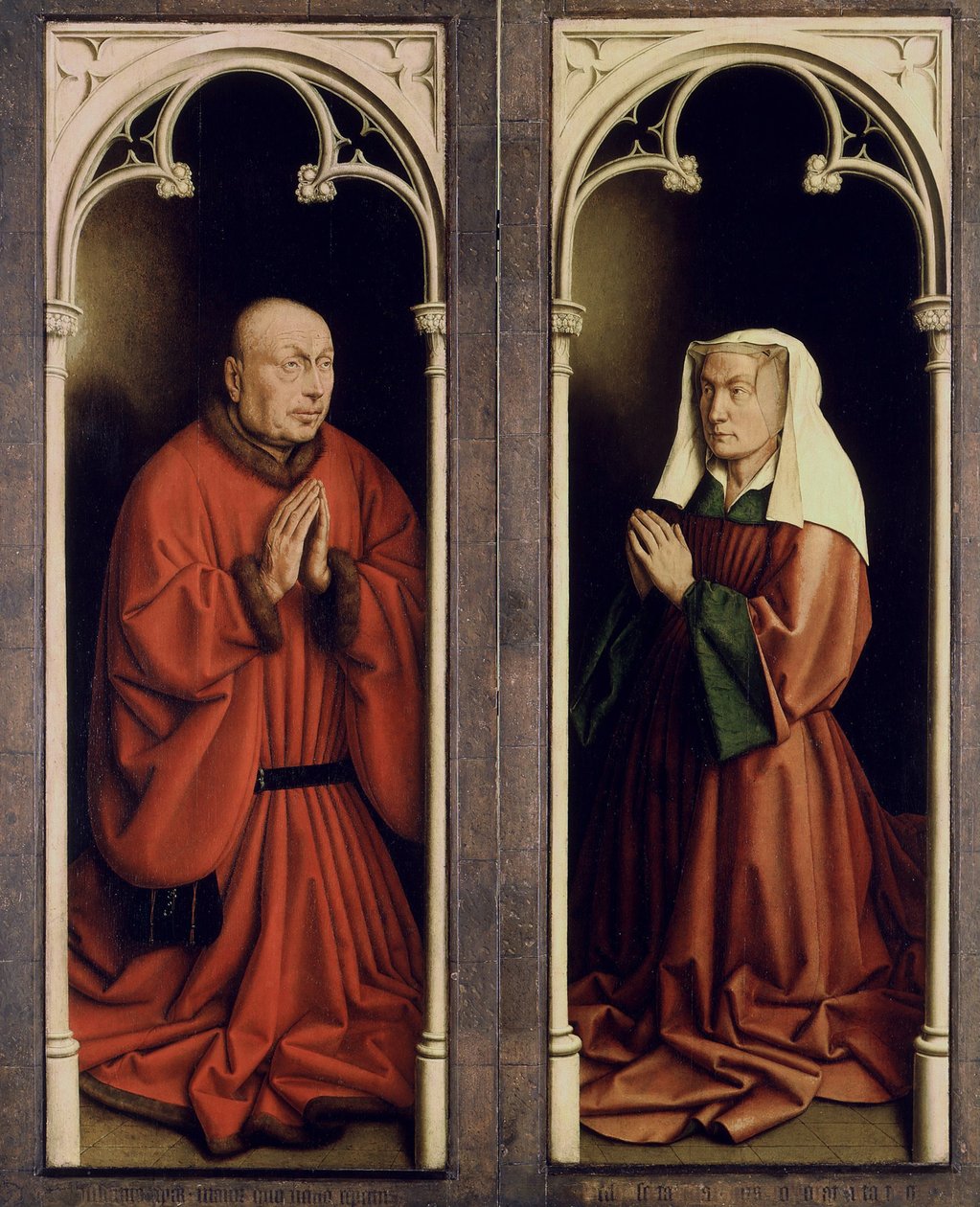 Ghent-altertavlen. Tilbedelse av det mystiske lam: Joos Vijd og Elisabeth Borluut, 1432. av Jan van Eyck