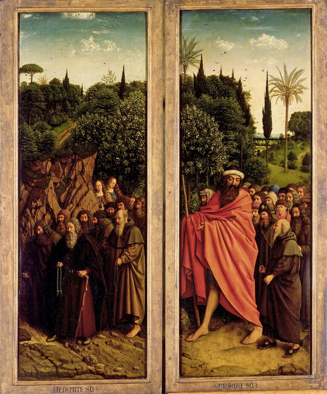 Ghent-altertavlen. Tilbedelse av det mystiske lam: De hellige eremittene og de hellige pilgrimene, 1432. av Jan van Eyck