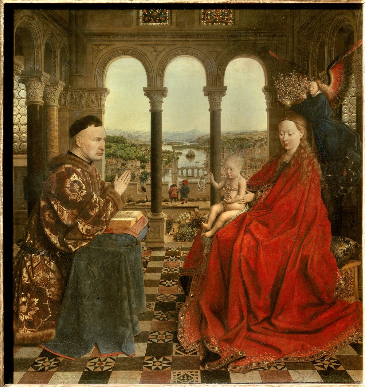 Jomfruen til kansler Rolin Nicolas Rolin (1376-1461) var kansler i Burgund under Philippe Le Bon og grunnlegger av Hospices de Beaune i 1443. Maleri av Jan van Eyck (1390-1441). 1400-tallets søn. 0,66x0,62 m Paris, - Jomfruen til kansler R av Jan van Eyck