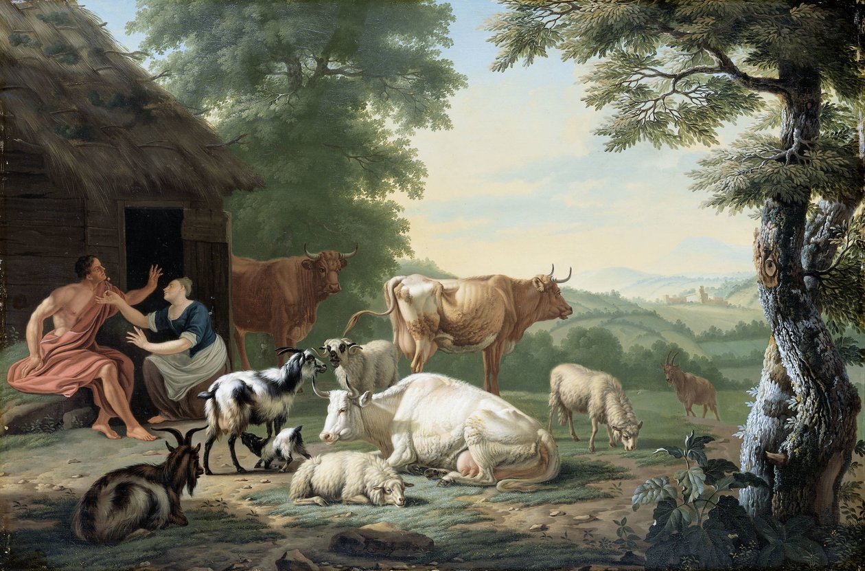Arkadisk landskap med hyrder og storfe av Jan van Gool