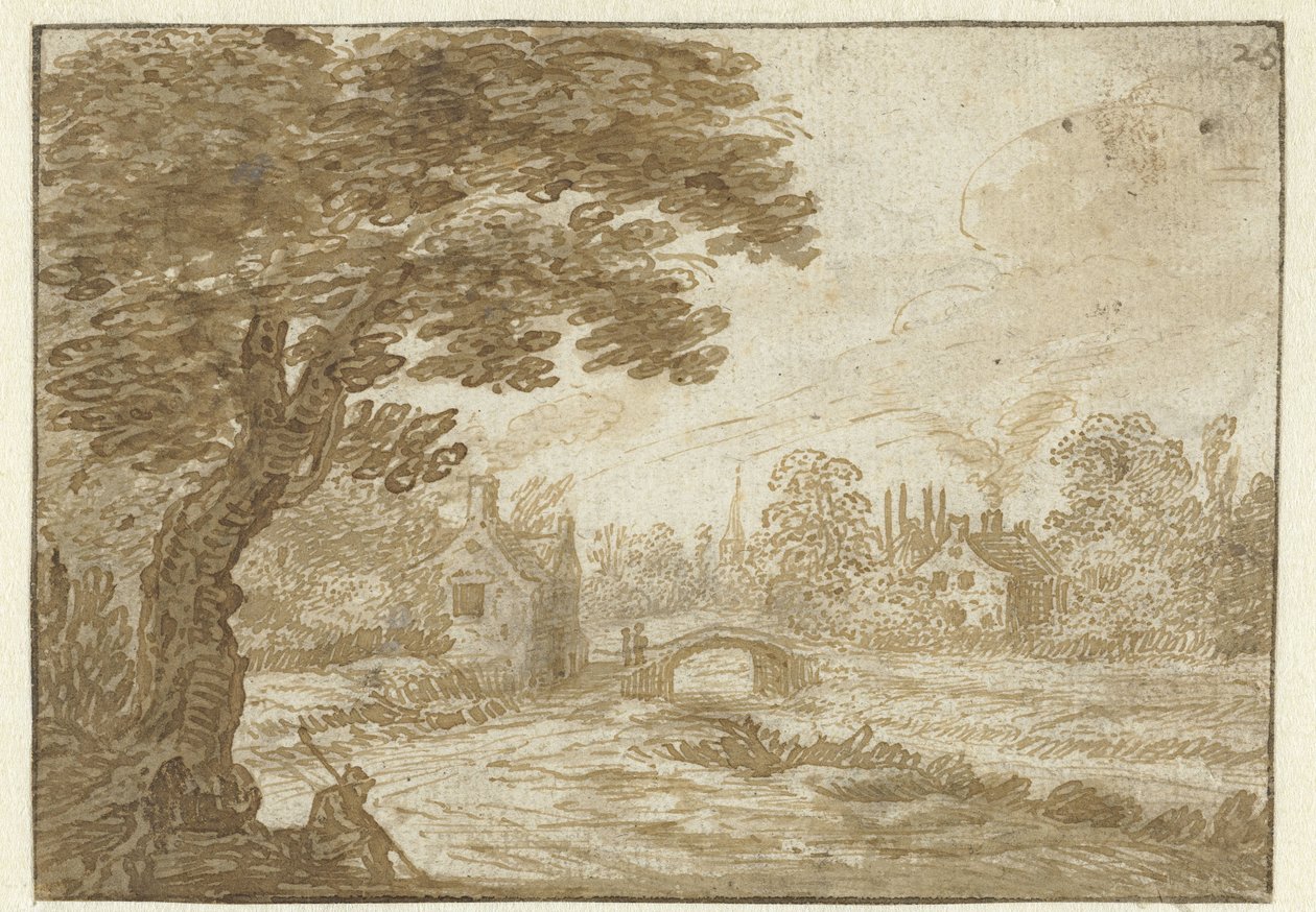 Landskap med hus og bro av Jan van Goyen (possibly)