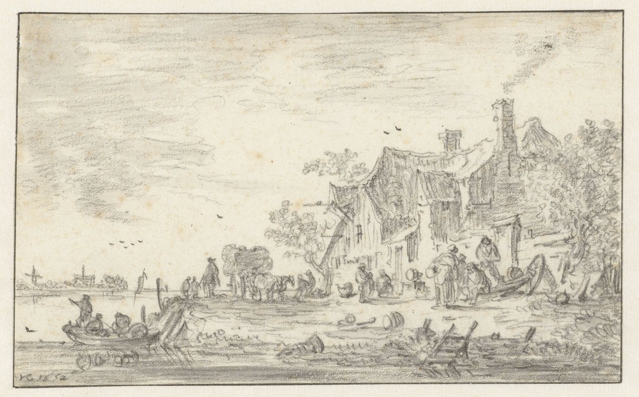 Gård ved bredden av en elv av Jan van Goyen