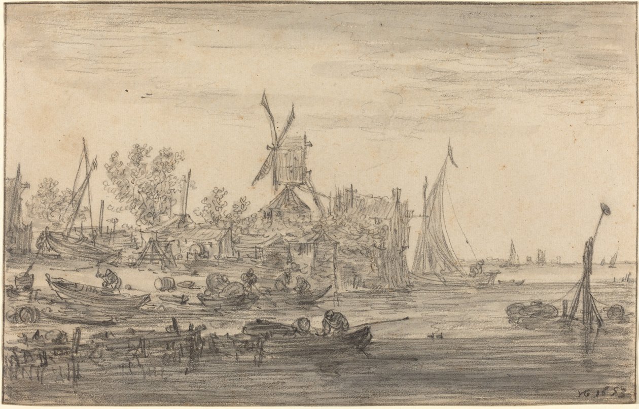 Forstrandscene med vindmølle av Jan van Goyen