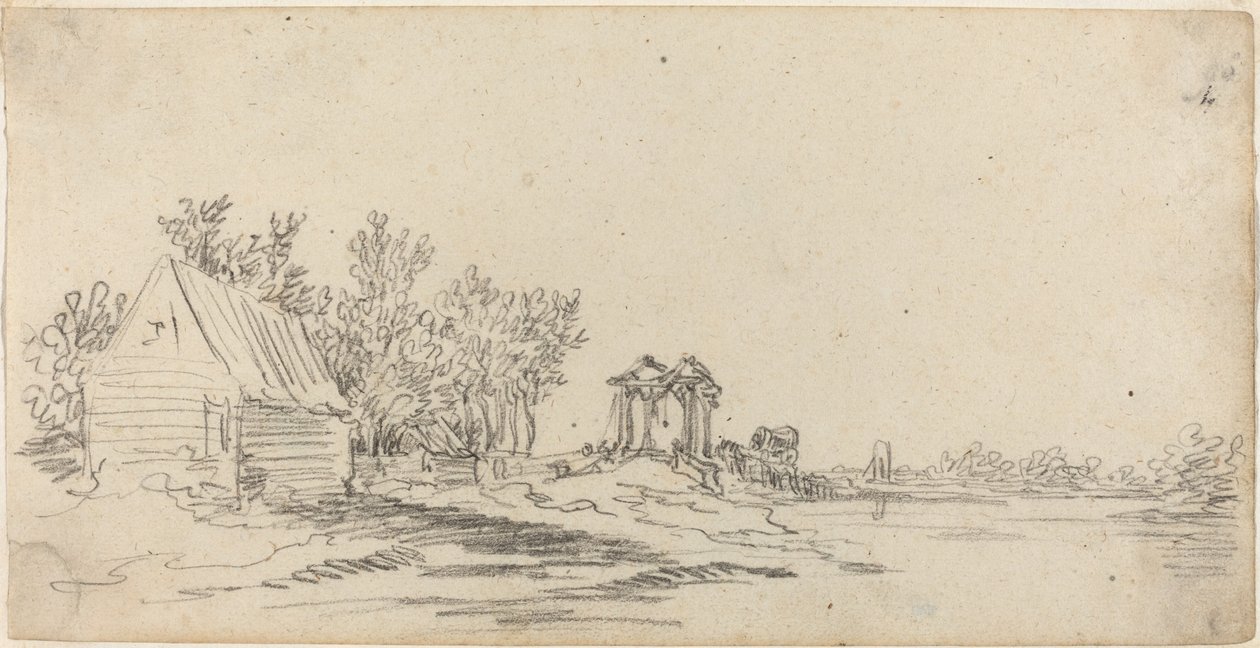 Elvelandskap med en fjern bro av Jan van Goyen