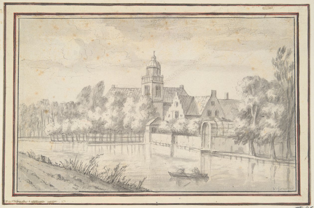 Utsikt over slottet og huset ved elven av Jan van Goyen