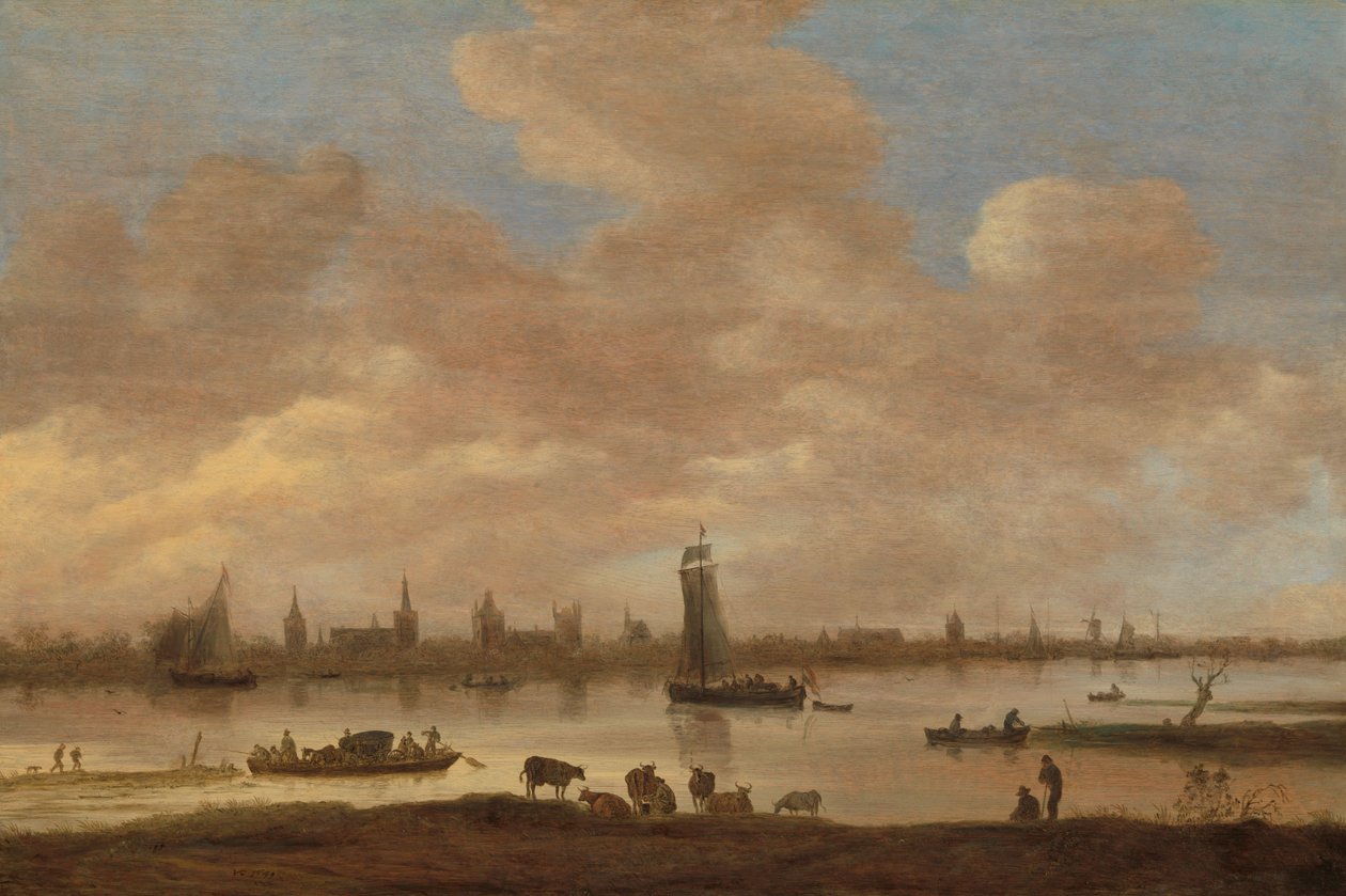 Utsikt over en imaginær by over en elv, med Saint Pol-tårnet i Vianen av Jan van Goyen