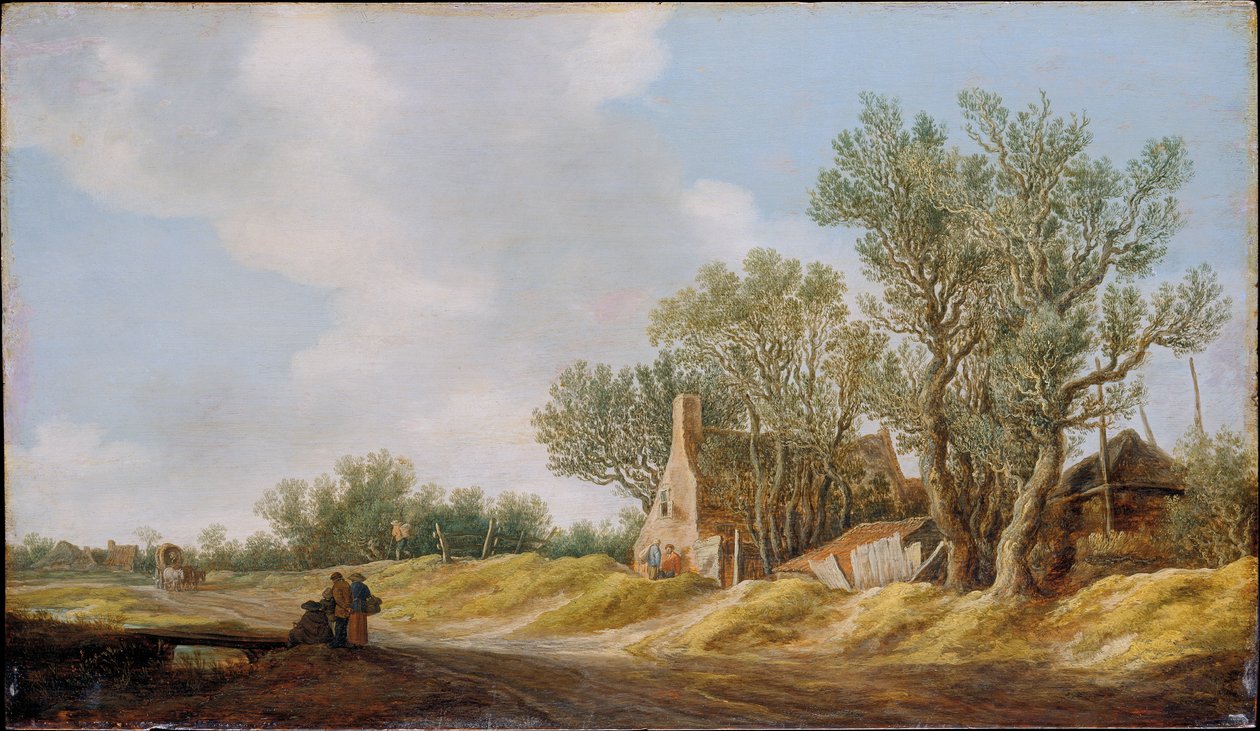 Landsbygate med mennesker som hviler ved en bro av Jan van Goyen