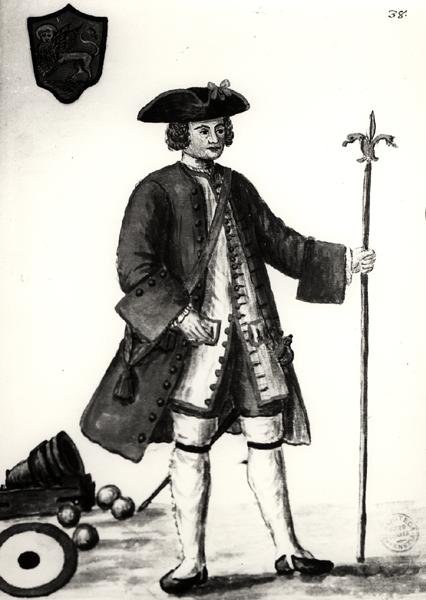 En Bombista fra det venetianske arsenalet (akvarell på papir) (s/hvitt-bilde) av Jan van Grevenbroeck