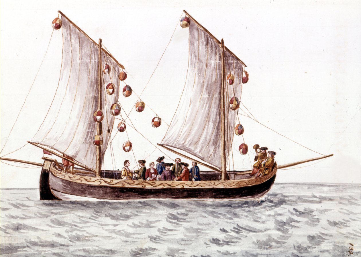 En venetiansk trabac med lanterner, fiskebåt brukt i grunt vann som Adriaterhavet, akvarelltegning og blekk fra manuskriptet "" Venitianernes skikker"" av Jan van Grevenbroeck (eller Giovanni Grevembroch (Grevenbroch) (1731-1807) av Jan van Grevenbroeck