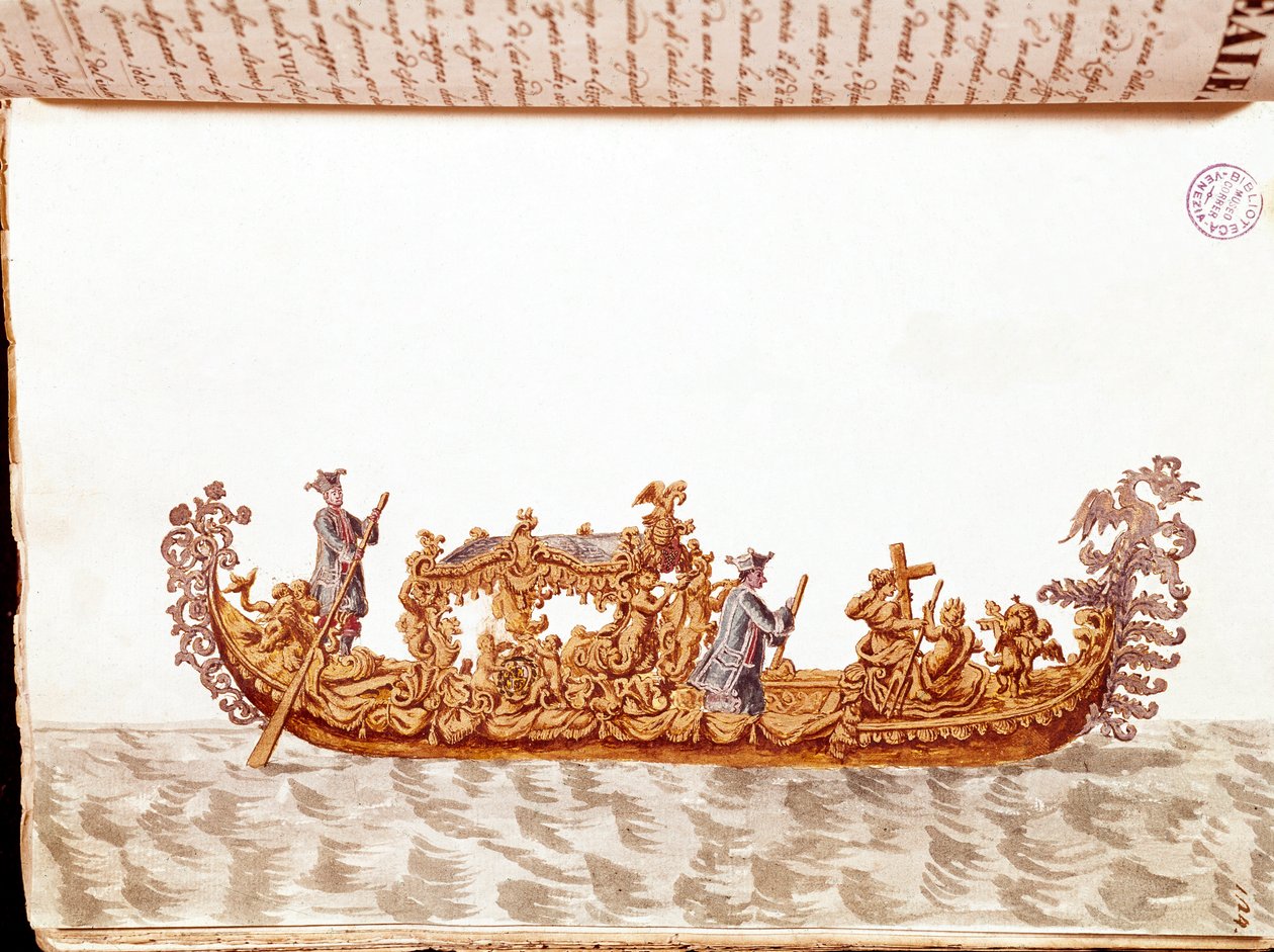 En kongelig gondol - Akvarelltegning og blekk fra manuskriptet "Venitianernes skikker"" av Jan van Grevenbroek (dr. Giovanni Grevenbroich (Grevenbroich) (1731-1807) av Jan van Grevenbroeck