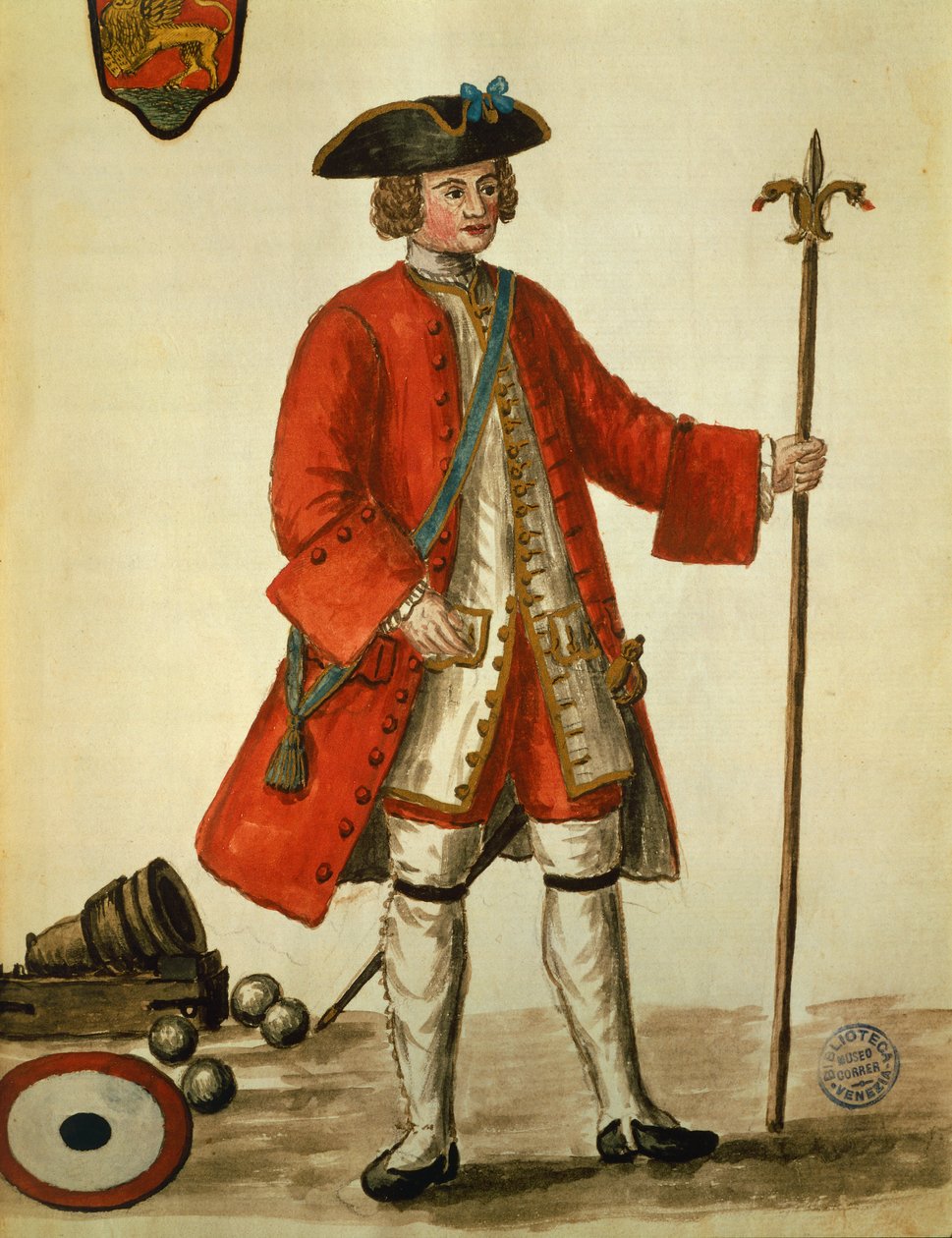 En artillerimann fra den veniceanske marinen i uniform, hentet fra Venisernes kostymer av Giovanni di Grevembroch (1731-1807) Akvarell av Jan van Grevenbroeck