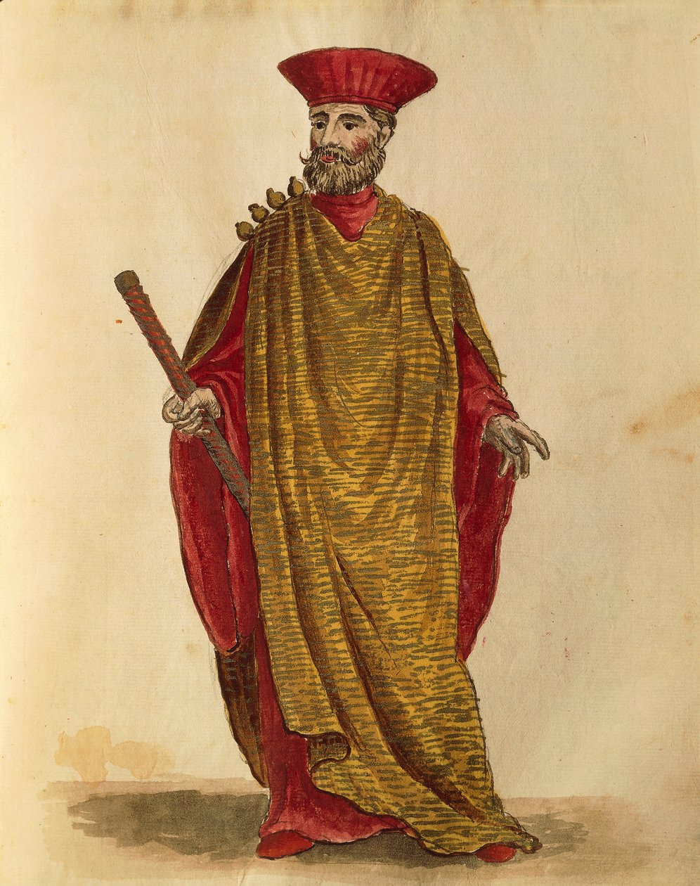 Capitano Generale Da Mar (generalkaptein for marinen) av Serenissima-republikken Venezia, av Jan van Grevenbroeck eller Giovanni Grevembroch (1731-1807), Gli Donne de Veneziani, fra illustrert kostymebok, akvarell av Jan van Grevenbroeck